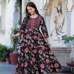 Black Pure Cotton Printed Round Neck Calf Length Anarkali Kurta, Pant & Dupatta Set Mizaz Jaipur