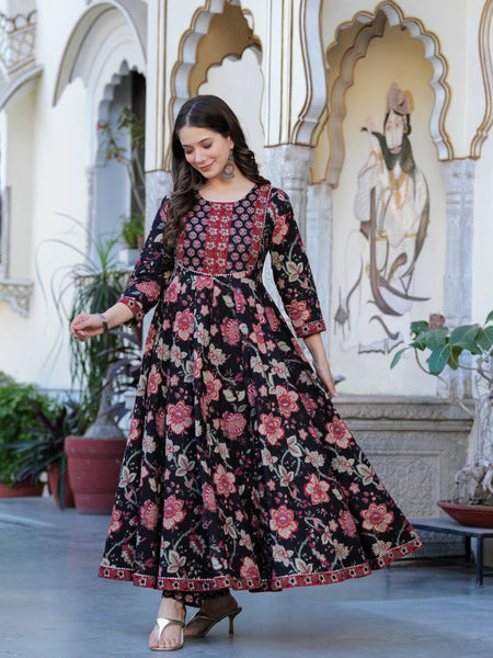 Black Pure Cotton Printed Round Neck Calf Length Anarkali Kurta, Pant & Dupatta Set Mizaz Jaipur