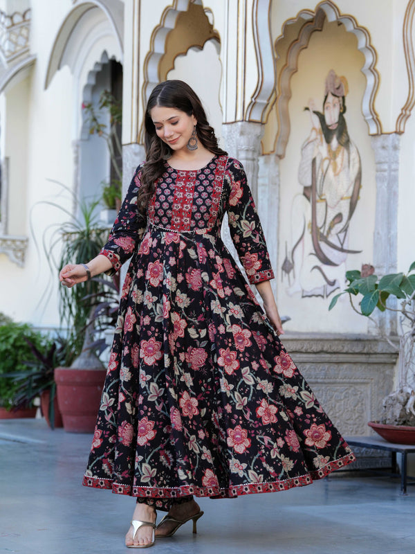 Black Pure Cotton Printed Round Neck Calf Length Anarkali Kurta, Pant & Dupatta Set Mizaz Jaipur