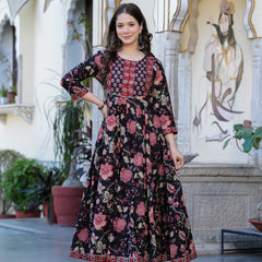 Black Pure Cotton Printed Round Neck Calf Length Anarkali Kurta, Pant & Dupatta Set Mizaz Jaipur