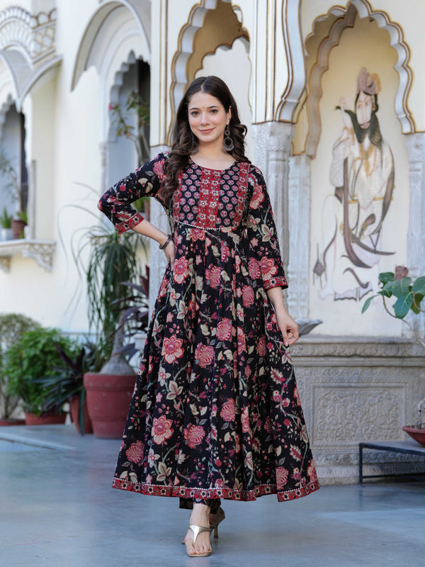 Black Pure Cotton Printed Round Neck Calf Length Anarkali Kurta, Pant & Dupatta Set Mizaz Jaipur