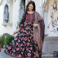 Black Pure Cotton Printed Round Neck Calf Length Anarkali Kurta, Pant & Dupatta Set Mizaz Jaipur