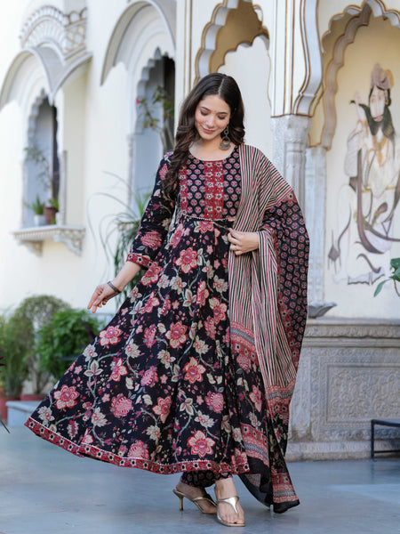 Black Pure Cotton Printed Round Neck Calf Length Anarkali Kurta, Pant & Dupatta Set Mizaz Jaipur