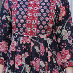 Black Pure Cotton Printed Round Neck Calf Length Anarkali Kurta, Pant & Dupatta Set Mizaz Jaipur