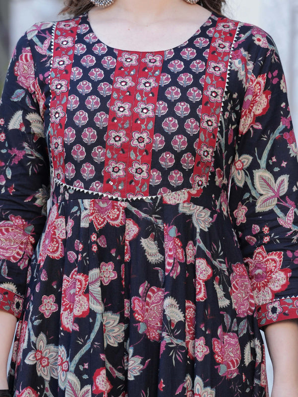 Black Pure Cotton Printed Round Neck Calf Length Anarkali Kurta, Pant & Dupatta Set Mizaz Jaipur