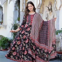 Black Pure Cotton Printed Round Neck Calf Length Anarkali Kurta, Pant & Dupatta Set Mizaz Jaipur