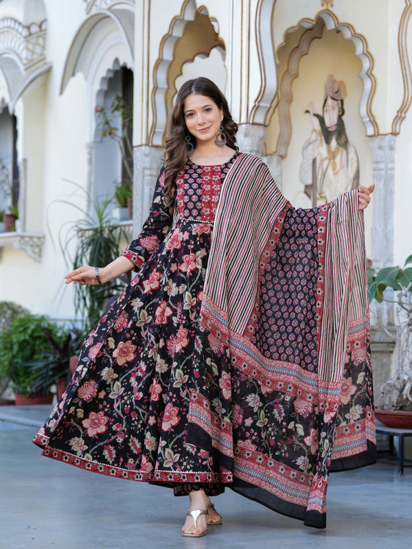 Black Pure Cotton Printed Round Neck Calf Length Anarkali Kurta, Pant & Dupatta Set Mizaz Jaipur