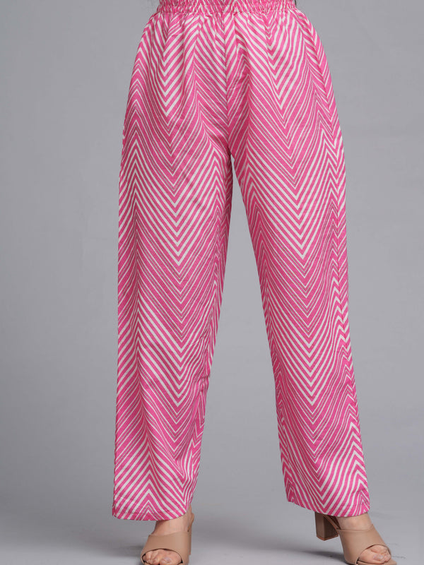 Pink Pure Cotton Printed Round Neck Calf Length Anarkali Kurta, Pant & Dupatta Set