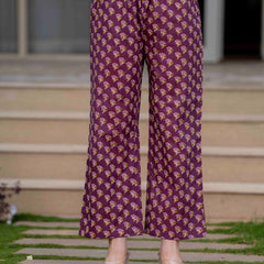Purple Pure Cotton Printed Round Neck 3/4 Sleeves Calf Length Flared Kurta Pant And Dupatta Set
