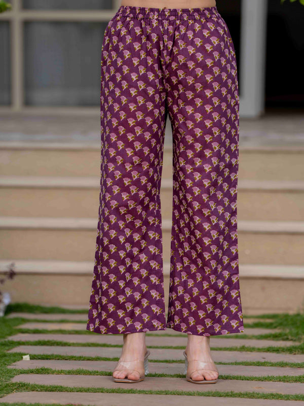Purple Pure Cotton Printed Round Neck 3/4 Sleeves Calf Length Flared Kurta Pant And Dupatta Set