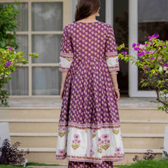 Purple Pure Cotton Printed Round Neck 3/4 Sleeves Calf Length Flared Kurta Pant And Dupatta Set