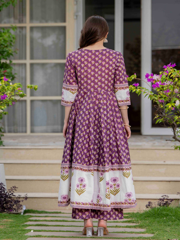 Purple Pure Cotton Printed Round Neck 3/4 Sleeves Calf Length Flared Kurta Pant And Dupatta Set