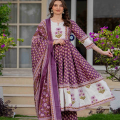Purple Pure Cotton Printed Round Neck 3/4 Sleeves Calf Length Flared Kurta Pant And Dupatta Set