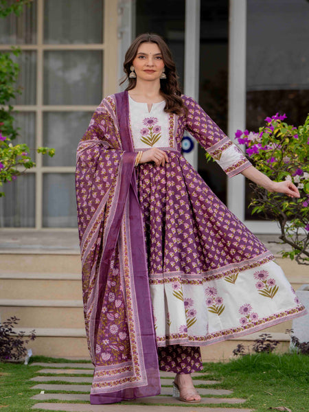 Purple Pure Cotton Printed Round Neck 3/4 Sleeves Calf Length Flared Kurta Pant And Dupatta Set