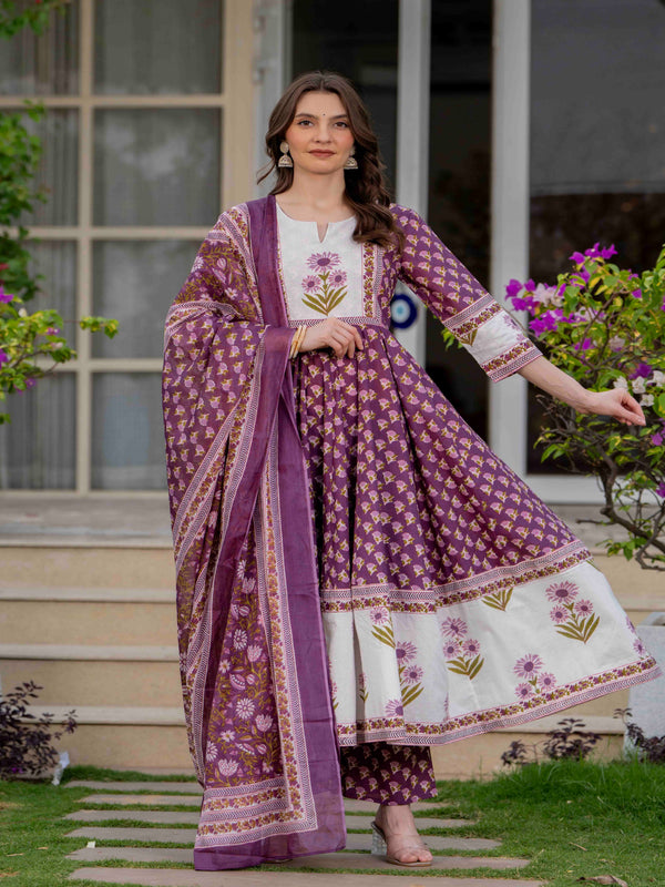 Purple Pure Cotton Printed Round Neck 3/4 Sleeves Calf Length Flared Kurta Pant And Dupatta Set
