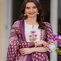 Purple Pure Cotton Printed Round Neck 3/4 Sleeves Calf Length Flared Kurta Pant And Dupatta Set