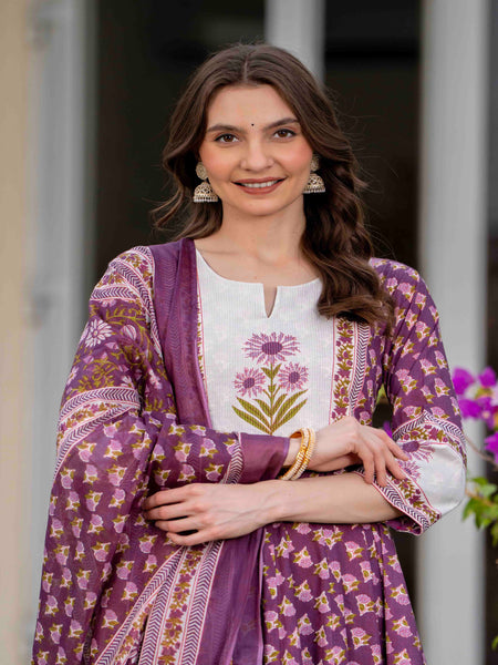 Purple Pure Cotton Printed Round Neck 3/4 Sleeves Calf Length Flared Kurta Pant And Dupatta Set