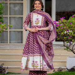 Purple Pure Cotton Printed Round Neck 3/4 Sleeves Calf Length Flared Kurta Pant And Dupatta Set