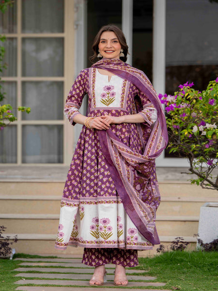 Purple Pure Cotton Printed Round Neck 3/4 Sleeves Calf Length Flared Kurta Pant And Dupatta Set
