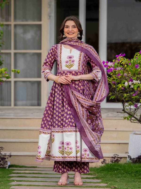 Purple Pure Cotton Printed Round Neck 3/4 Sleeves Calf Length Flared Kurta Pant And Dupatta Set