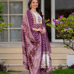 Purple Pure Cotton Printed Round Neck 3/4 Sleeves Calf Length Flared Kurta Pant And Dupatta Set