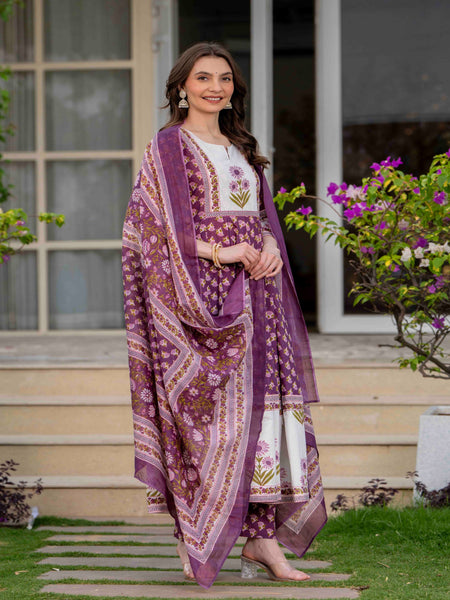 Purple Pure Cotton Printed Round Neck 3/4 Sleeves Calf Length Flared Kurta Pant And Dupatta Set