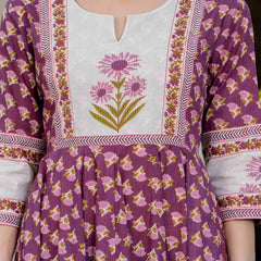 Purple Pure Cotton Printed Round Neck 3/4 Sleeves Calf Length Flared Kurta Pant And Dupatta Set