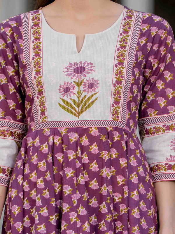 Purple Pure Cotton Printed Round Neck 3/4 Sleeves Calf Length Flared Kurta Pant And Dupatta Set