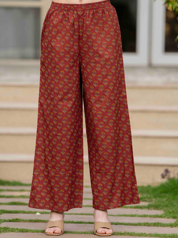 Maroon Pure Cotton Printed Round Neck Full Sleeves Hip Length Straight Kurta Pant And Dupatta Set