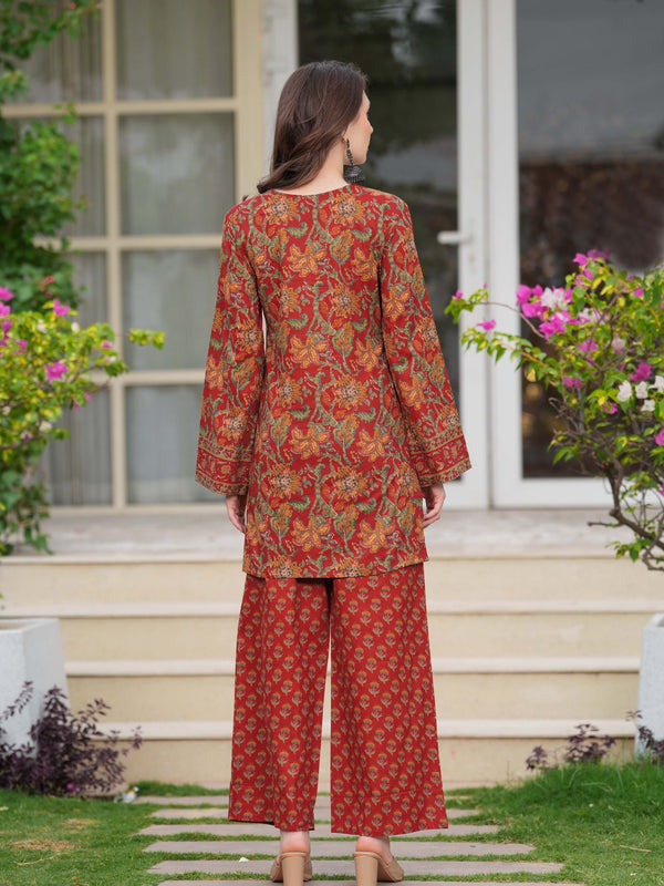 Maroon Pure Cotton Printed Round Neck Full Sleeves Hip Length Straight Kurta Pant And Dupatta Set