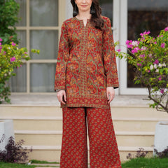 Maroon Pure Cotton Printed Round Neck Full Sleeves Hip Length Straight Kurta Pant And Dupatta Set
