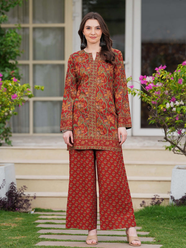 Maroon Pure Cotton Printed Round Neck Full Sleeves Hip Length Straight Kurta Pant And Dupatta Set