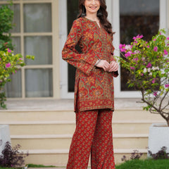 Maroon Pure Cotton Printed Round Neck Full Sleeves Hip Length Straight Kurta Pant And Dupatta Set