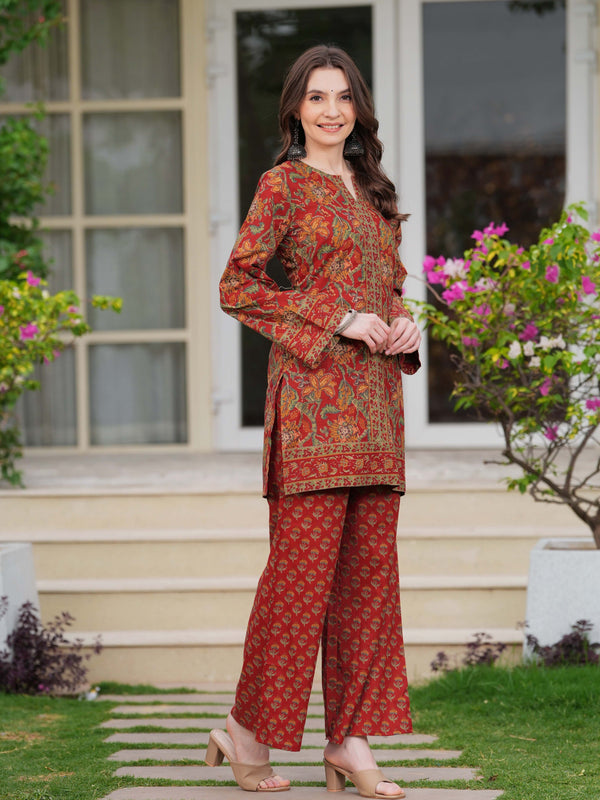 Maroon Pure Cotton Printed Round Neck Full Sleeves Hip Length Straight Kurta Pant And Dupatta Set