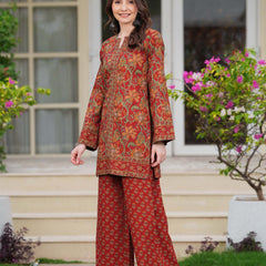 Maroon Pure Cotton Printed Round Neck Full Sleeves Hip Length Straight Kurta Pant And Dupatta Set