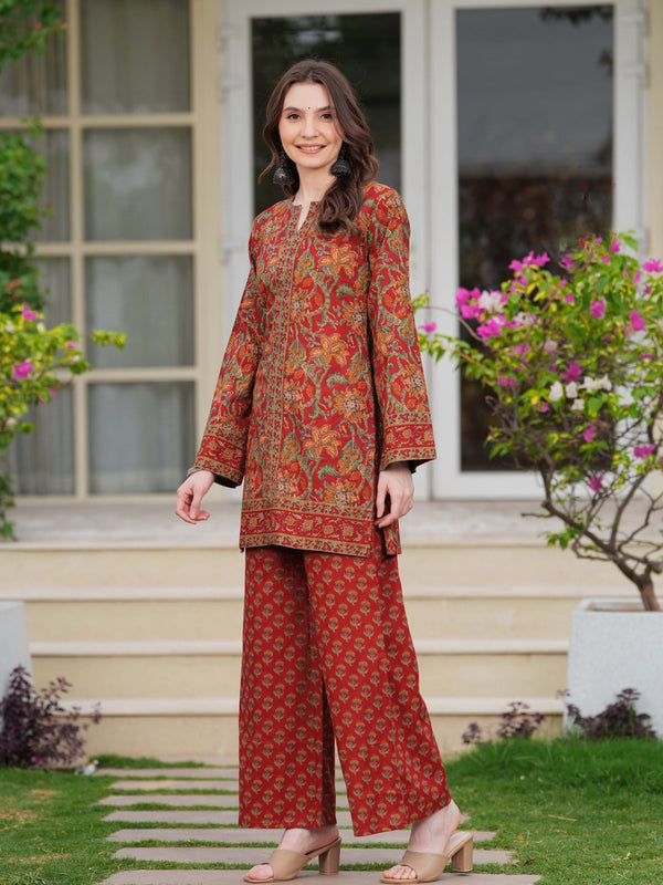 Maroon Pure Cotton Printed Round Neck Full Sleeves Hip Length Straight Kurta Pant And Dupatta Set