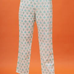 Turquoise Pure Cotton Printed Round Neck Calf Length Anarkali Kurta, Pant & Dupatta Set Mizaz Jaipur