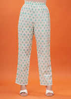 Turquoise Pure Cotton Printed Round Neck Calf Length Anarkali Kurta, Pant & Dupatta Set Mizaz Jaipur