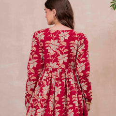 Red Pure Cotton Printed V-Neck Full Sleeves Hip Length Flared Top Mizazjaipur