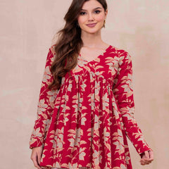 Red Pure Cotton Printed V-Neck Full Sleeves Hip Length Flared Top Mizazjaipur