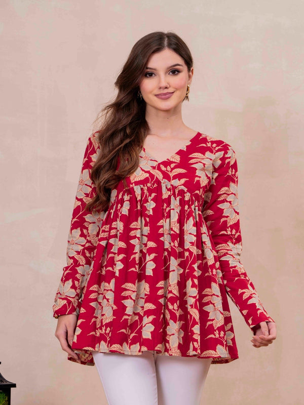 Red Pure Cotton Printed V-Neck Full Sleeves Hip Length Flared Top Mizazjaipur