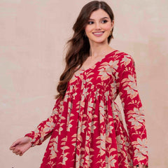 Red Pure Cotton Printed V-Neck Full Sleeves Hip Length Flared Top Mizazjaipur