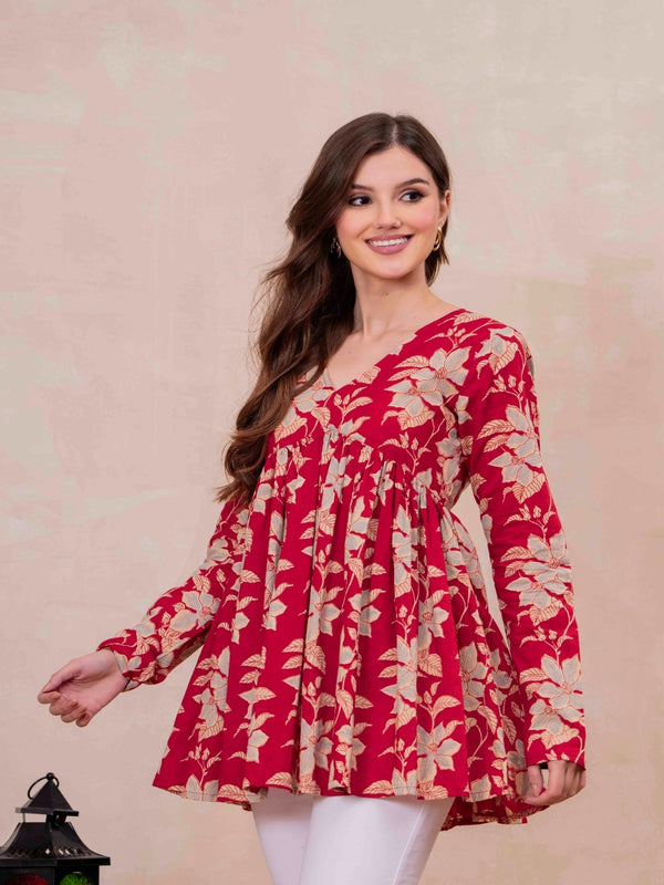 Red Pure Cotton Printed V-Neck Full Sleeves Hip Length Flared Top Mizazjaipur
