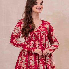 Red Pure Cotton Printed V-Neck Full Sleeves Hip Length Flared Top Mizazjaipur