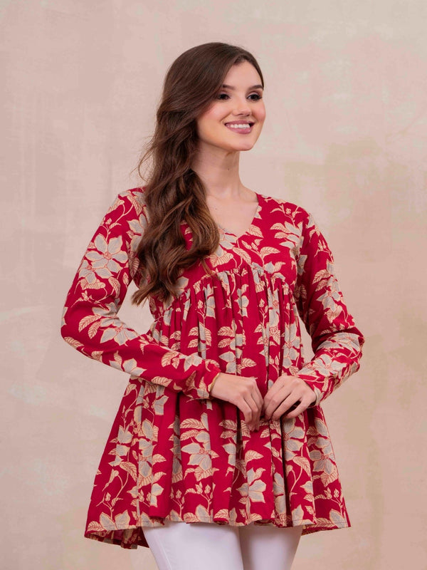 Red Pure Cotton Printed V-Neck Full Sleeves Hip Length Flared Top Mizazjaipur