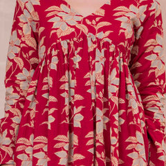 Red Pure Cotton Printed V-Neck Full Sleeves Hip Length Flared Top Mizazjaipur
