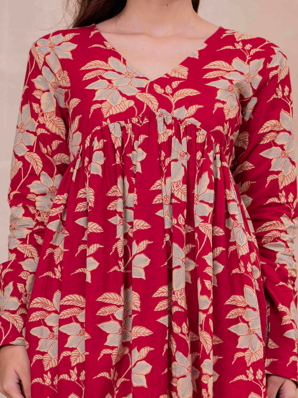 Red Pure Cotton Printed V-Neck Full Sleeves Hip Length Flared Top Mizazjaipur