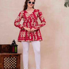 Red Pure Cotton Printed V-Neck Full Sleeves Hip Length Flared Top Mizazjaipur