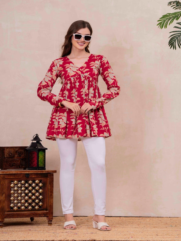 Red Pure Cotton Printed V-Neck Full Sleeves Hip Length Flared Top Mizazjaipur