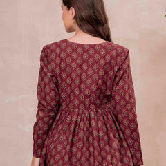 Maroon Pure Cotton Printed V-Neck Full Sleeves Hip Length Flared Top Mizazjaipur